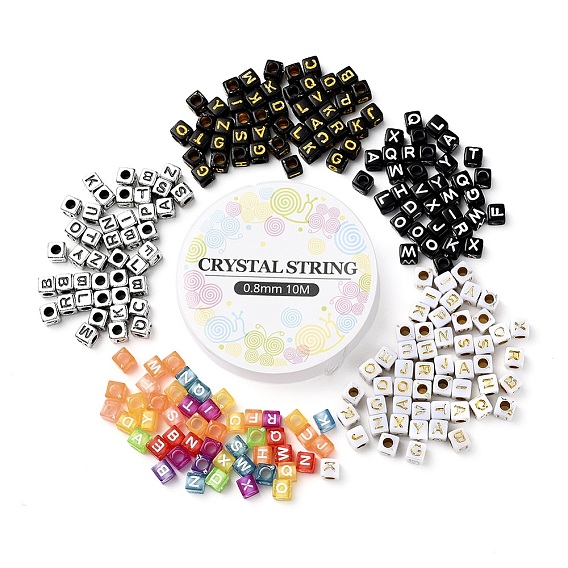 DIY Bracelet Jewelry Making Kits, Including Cube with Random Initial Letter Plated Acrylic Beads, Elastic Crystal Thread