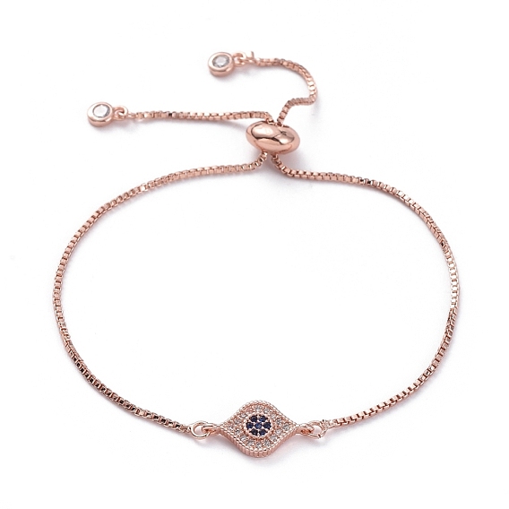 Adjustable Brass Slider Bracelets, Bolo Bracelets, with Box Chains, Brass Micro Pave Cubic Zirconia Links and Cardboard Packing Box, Eye