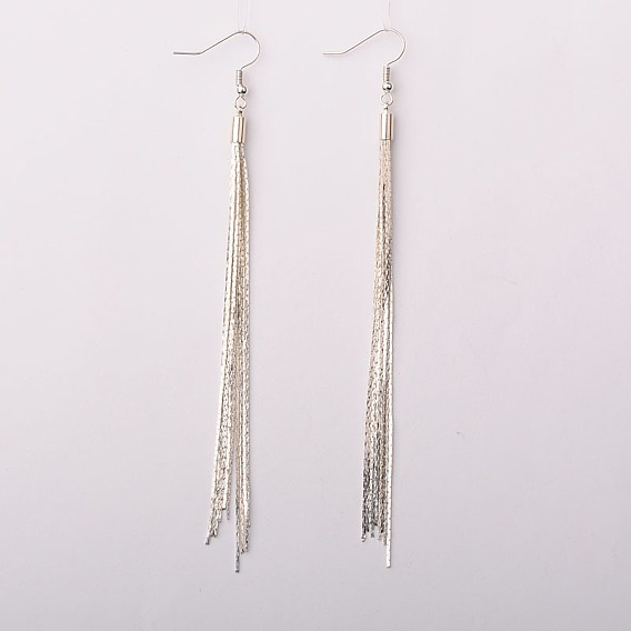 Brass Chain Earrings, with Brass Cord Ends and Brass Earring Hooks, Silver Color Plated, 120mm, Pin: 0.7mm