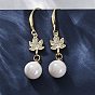 Серьги-подвески из латуни с прозрачным кубическим цирконием и прозрачным паве, с ABS имитации жемчуга, стойки покрытие, долговечный, без свинца и без кадмия, лист с круглым