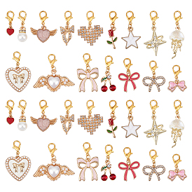 32 pcs 16 décorations de pendentifs en alliage d'émail de styles, avec la perle en plastique, fleur et coeur et bowknot, avec fermoir pince de homard, or