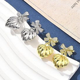 Серьги-гвоздики с бантом из латуни с микропаве из прозрачных кубических цирконий для женщин, стойки покрытие, прочное покрытие, без кадмия и без свинца