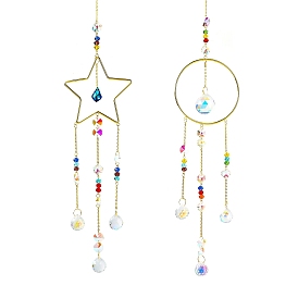 Alloy Star/Ring Hanging Ornaments, Iron Chain & Glass Round Tassel for Home Garden Decorations