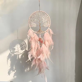 Natural Rose Quartz Chip Flat Round with Tree of Life Pendant Decorations, Woven Net/Web with Feather for Home Bedroom Hanging Decorations