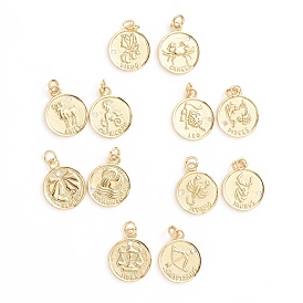 Brass Micro Pave Cubic Zirconia Pendants, with Jump Ring, Flat Round with Twelve Constellations, Clear, Golden