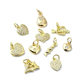 Heart Theme Brass Micro Pave Cubic Zirconia Charms, with Jump Ring, Real 18K Gold Plated