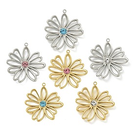 304 Stainless Steel Pendants, with Rhinestone, Hollow Flower Charm