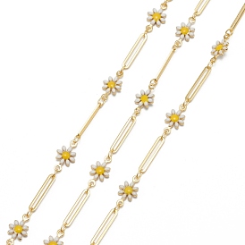 Handmade Golden Brass Enamel Link Chains, with Spool, Soldered, Long-Lasting Plated, Flower & Rectangle