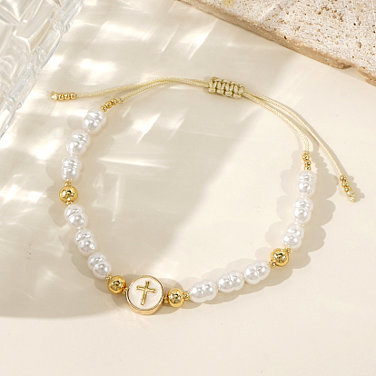Pulseras ajustables de latón con cuentas planas redondas, cruz religiosa y perlas de imitación trenzadas para mujer., dorado
