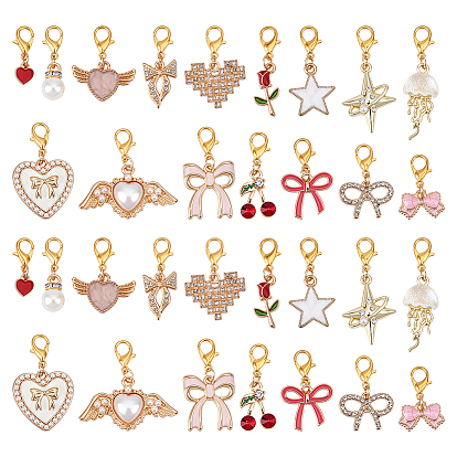 32 pcs 16 décorations de pendentifs en alliage d'émail de styles, avec la perle en plastique, fleur et coeur et bowknot, avec fermoir pince de homard, or