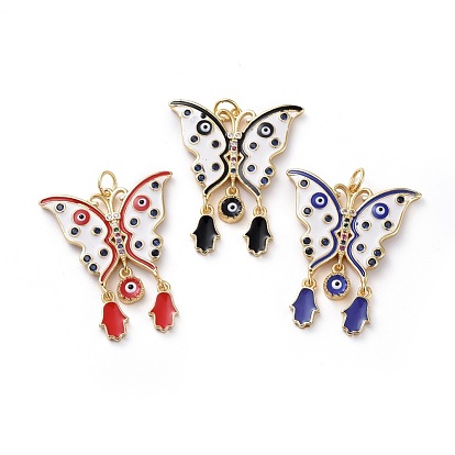 Brass Micro Pave Cubic Zirconia Pendants, with Enamel, Butterfly & Evil Eye & Hamsa Hand, Golden
