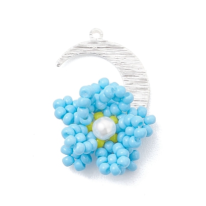 Подвески из стеклянных бусин в виде луны и цветов, с соединителями из латуни, серебряные