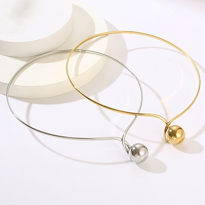 304 Stainless Steel Round Ball Pendant Choker Necklaces, Rigid Necklaces