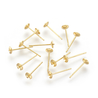 Stainless Steel Stud Earring Findings, 304 stainless pin with 201 stainless tray, For Half Drilled Beads, Flat Round