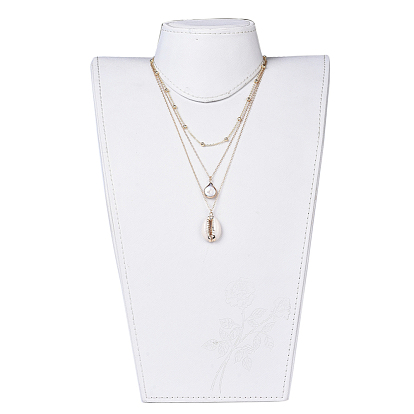 Cowrie Shell and Plated Natural Baroque Pearl Keshi Pearl Tiered Necklaces, 3 Layer Necklaces, with Long-Lasting Plated Brass Extender Chains