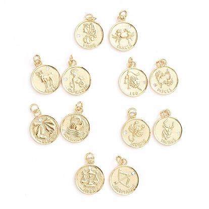Brass Micro Pave Cubic Zirconia Pendants, with Jump Ring, Flat Round with Twelve Constellations, Clear, Golden