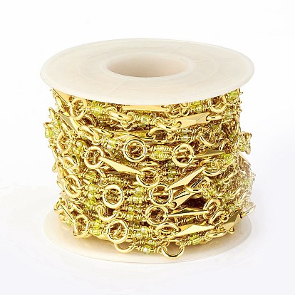 Rack Plating Brass Rhombus & Ring Link Chains, with Yellow Green Glass Beaded, Unwelded, with Spool, Lead Free & Cadmium Free