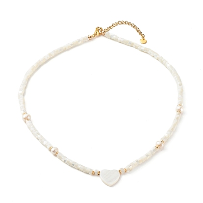 Beaded Necklace, with Pearl Beads, Brass Earrings Findings, Brass Charms & 304 Stainless Steel Findings, Heart