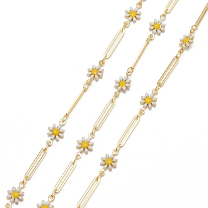 Handmade Golden Brass Enamel Link Chains, with Spool, Soldered, Long-Lasting Plated, Flower & Rectangle