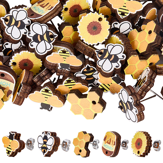60шт. 5 стили деревянные серьги-гвоздики с пчелиной тематикой, с ушными гайками 200 шт.