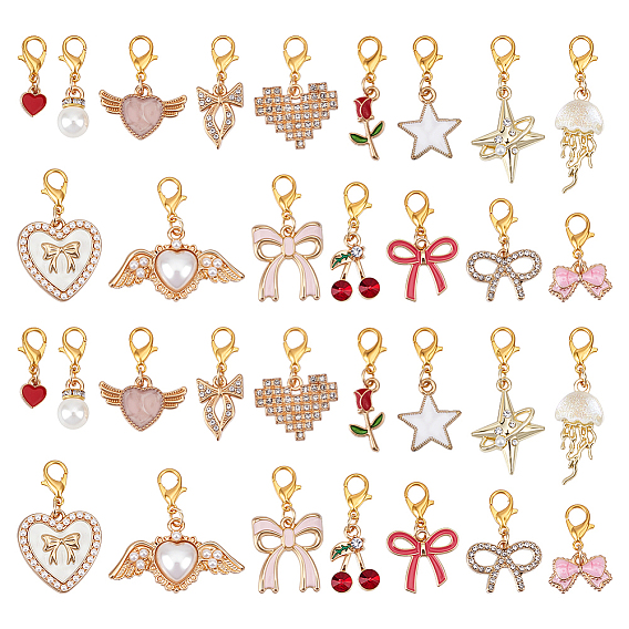 32Pcs 16 Styles Alloy Enamel Pendant Decorations, with Plastic Pearl, Flower & Heart & Bowknot, with Lobster Claw Clasps, Golden