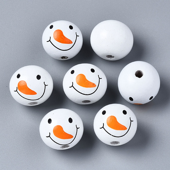 Painted Natural Wood European Beads, Large Hole Beads, Printed, Round