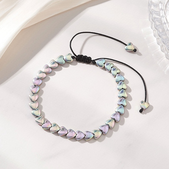 Браслеты из плетеных бусин в форме сердца из немагнитного синтетического гематита с гальваническим покрытием для женщин.