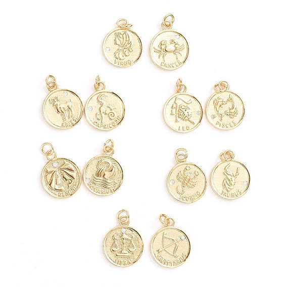 Brass Micro Pave Cubic Zirconia Pendants, with Jump Ring, Flat Round with Twelve Constellations, Clear, Golden