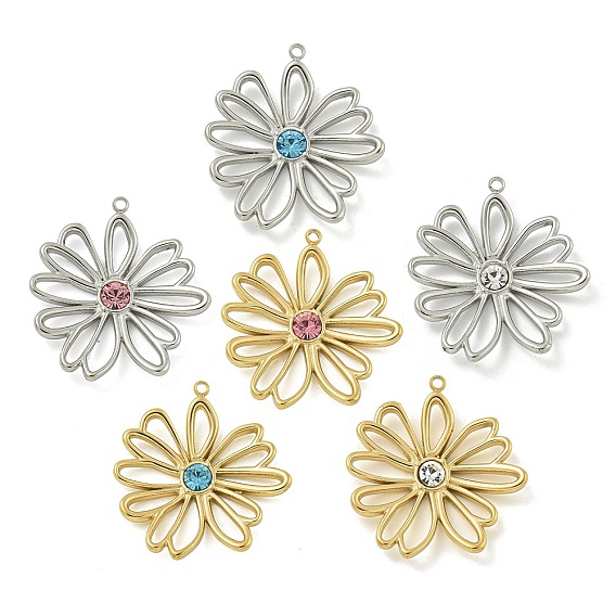 304 подвески из нержавеющей стали, со стразами, полый цветочный шарм