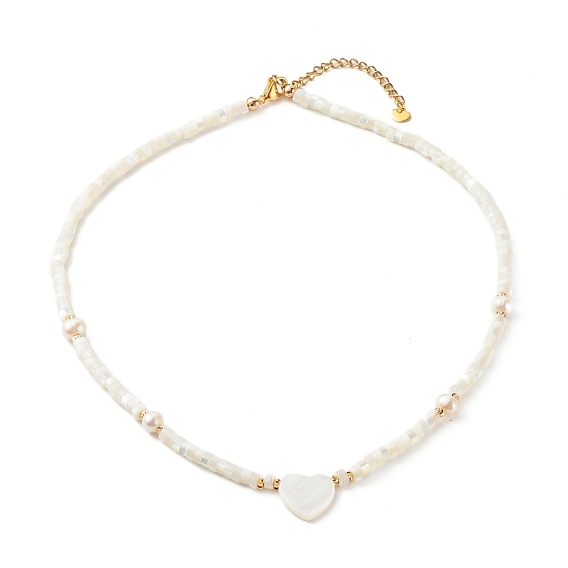 Beaded Necklace, with Pearl Beads, Brass Earrings Findings, Brass Charms & 304 Stainless Steel Findings, Heart