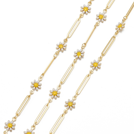 Handmade Golden Brass Enamel Link Chains, with Spool, Soldered, Long-Lasting Plated, Flower & Rectangle