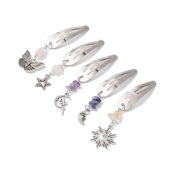 Iron Snap Hair Clips, with Natural Gemstone Chip Beads and Alloy Pendants for Woman Girls, Moon/Star/Sun/Butterfly