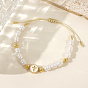 Adjustable Brass Flat Round with Religion Cross & Imitation Pearl Braided Bead Bracelets for Women, Golden