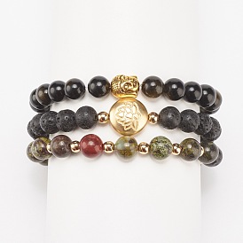 3Stk.-Stil Natur- und Synthetik-Edelstein-Rundperlen-Stretch-Armbänder mit Lotos- und Buddha-Kopf aus Legierung für Frauen