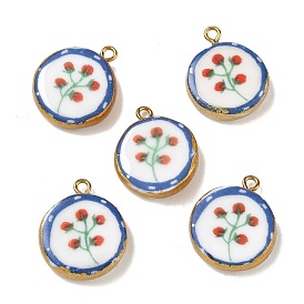 Pendentifs en porcelaine imprimée à la main, avec 304 accessoires en acier inoxydable, plat rond avec des charmes de fleurs, plaqué longue durée, colorées