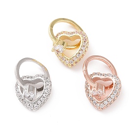 Brass Micro Pave Clear Cubic Zirconia Pendants, Heart with Ring Charms