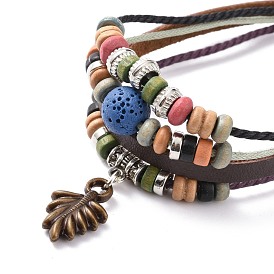 Bracelets de perles de pierre de lave, cordon en coton ciré et cordon en cuir avec alliage et perles en bois, bleu acier, 44mm