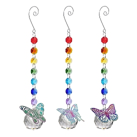 Glass Pendant Decorations, with Glass Octagon Link and Metal Hollow Insects, Hanging Suncatchers Garden Decorations