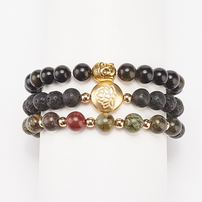 3Stk.-Stil Natur- und Synthetik-Edelstein-Rundperlen-Stretch-Armbänder mit Lotos- und Buddha-Kopf aus Legierung für Frauen
