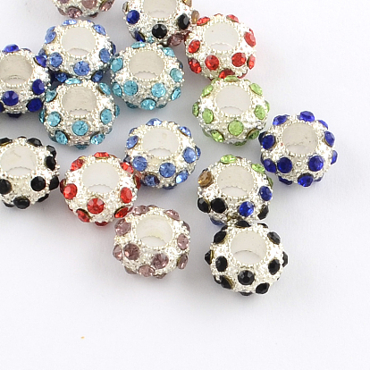 Rondelle серебристого цвета металлического сплава горный хрусталь европейские бусы, бусины с большим отверстием, 11~12x6 мм, отверстие : 5 мм