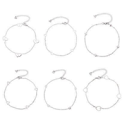 6Pcs 6 Styles 304 Stainless Steel Cable Chain Anklets, with Heart Link and Lobster Claw Clasps