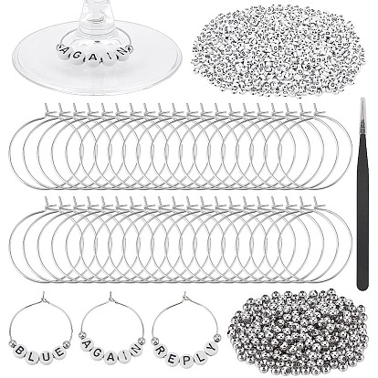 Наборы для изготовления шармов для бокалов своими руками, включая пинцет с изогнутым лезвием из нержавеющей стали, латунные подвески для бокалов для вина, акриловые и латунные бусины, буква и круг