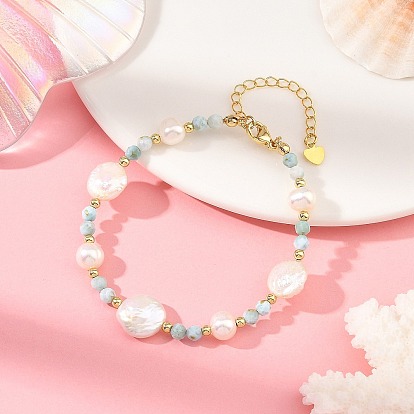 Faceted Round Natural Larimar and Keshi Pearl Coin Beaded Bracelets
