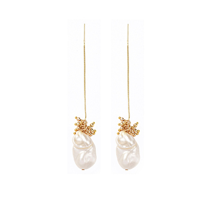 Dangle Stud Earrings, with  Real 18K Gold Plated Brass Beads, ABS Plastic Imitation Pearl Beads, Brass Stud Earring Findings and Plastic Ear Nuts, Nuggets
