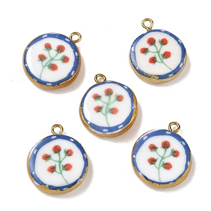 Pendentifs en porcelaine imprimée à la main, avec 304 accessoires en acier inoxydable, plat rond avec des charmes de fleurs, plaqué longue durée, colorées