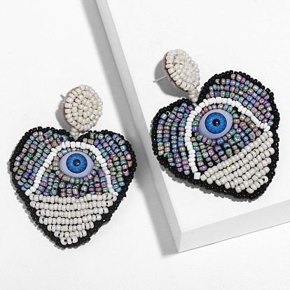 Bohemian Evil Eye Earrings with Colorful Peach Heart Beads for Fall/Winter