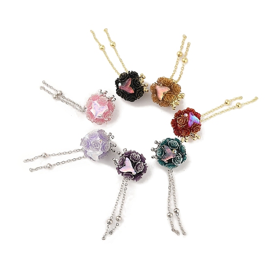 Handmade Polymer Clay Rhinestone Beads, with Glitter, Resin & Acrylic & Glass Cabochon & Alloy Chain, Rose with Crown & Fishtail