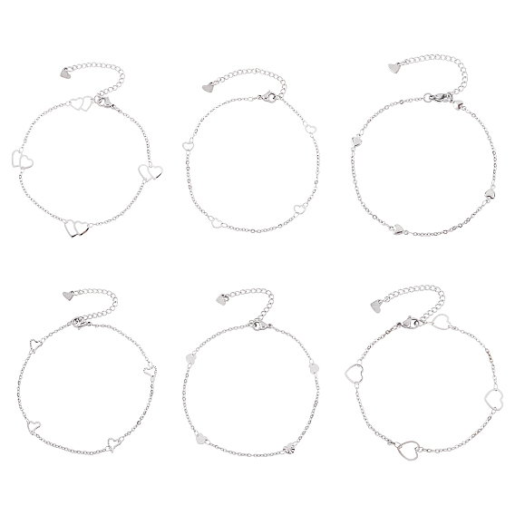 6Pcs 6 Styles 304 Stainless Steel Cable Chain Anklets, with Heart Link and Lobster Claw Clasps