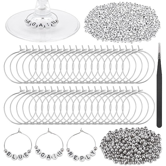 Наборы для изготовления шармов для бокалов своими руками, включая пинцет с изогнутым лезвием из нержавеющей стали, латунные подвески для бокалов для вина, акриловые и латунные бусины, буква и круг