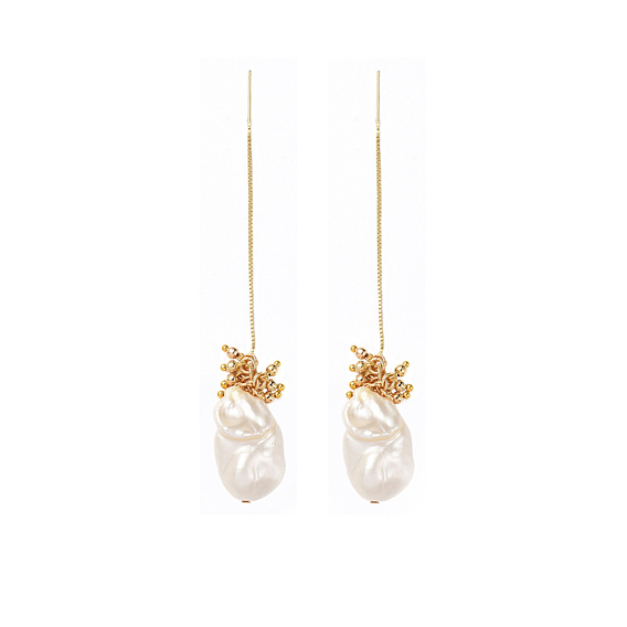Dangle Stud Earrings, with  Real 18K Gold Plated Brass Beads, ABS Plastic Imitation Pearl Beads, Brass Stud Earring Findings and Plastic Ear Nuts, Nuggets